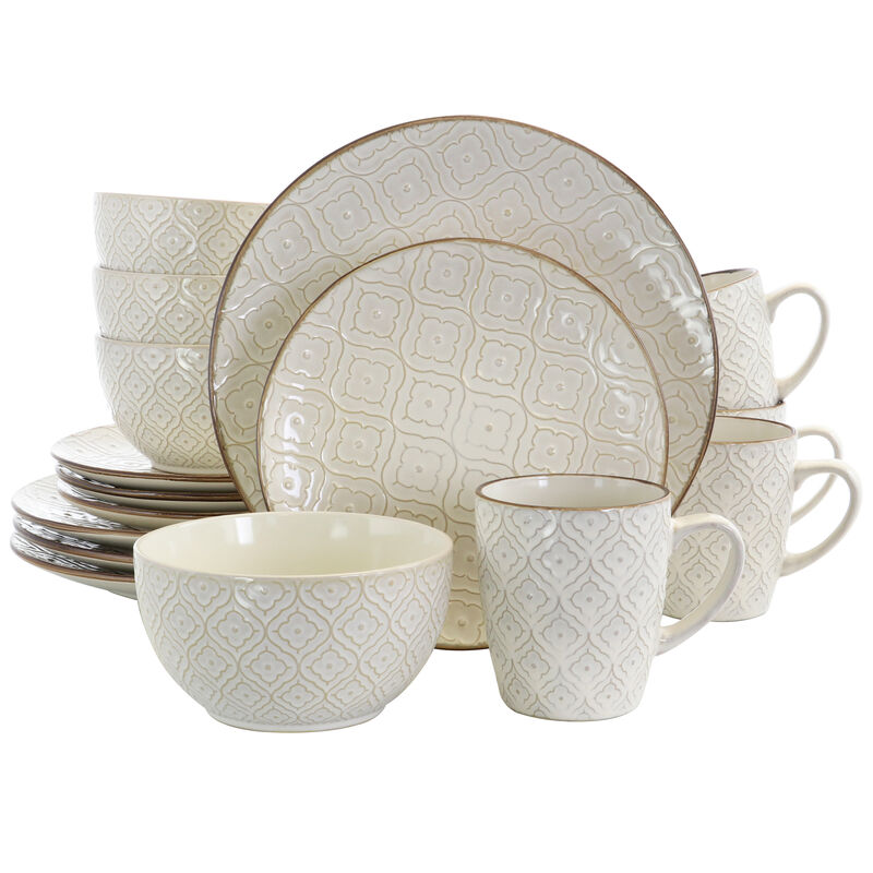 Elama White Lily 16 Piece Luxurious Stoneware Dinnerware with Complete Setting for 4