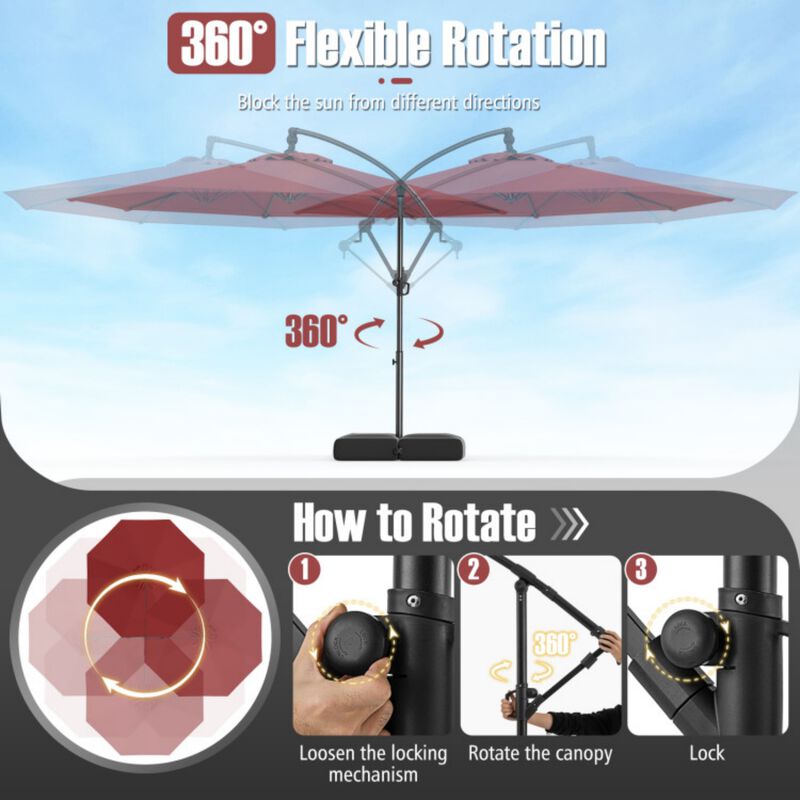 10 Feet Offset Hanging Umbrella with Base Patio Cantilever Umbrella with Tilt-Red image number 7