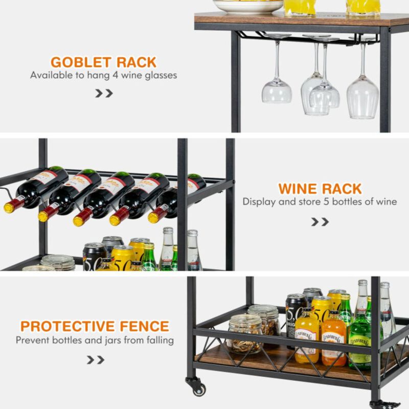 Hivvago Kitchen Bar Cart Serving Trolley on Wheels with Wine Rack Glass Holder-Rustic Brown