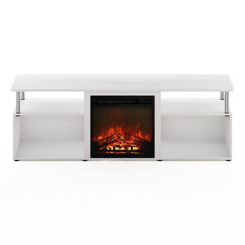 Furinno Jensen Fireplace Entertainment Center for TV up to 70 Inch with Stainless Steel Tubes, White Oak/Chrome