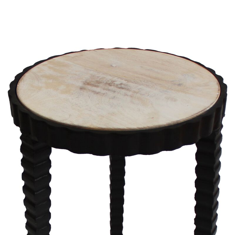22 Inch Round Wooden Side Table with Tapered Tripod Base, Brown and Black-Benzara
