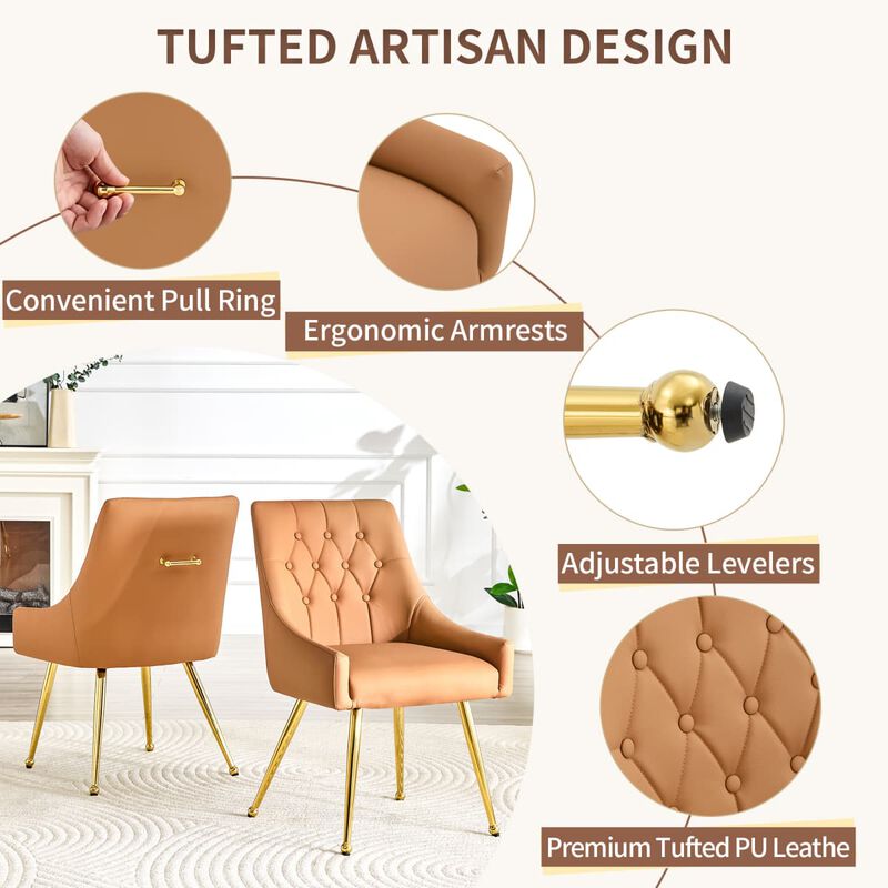 Set of 2 Faux Leather Dining Chairs Diamond Tufted Open Back Side Chairs with Metal Handle Spring and Foam Cushioned Accent Chairs image number 4