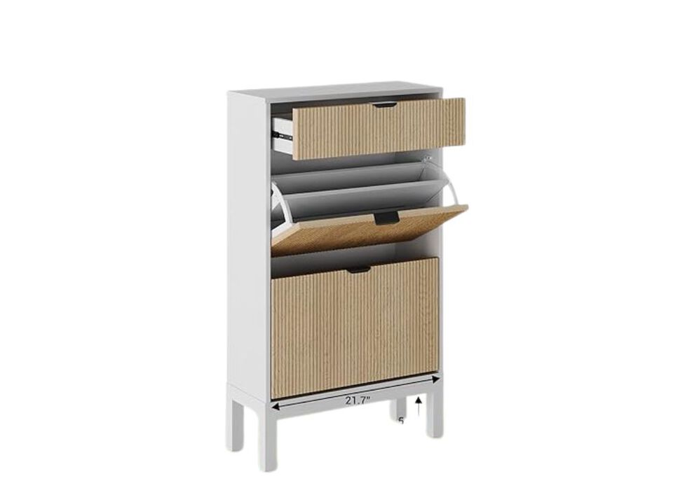 Slim Entryway Wood Shoe Cabinet Flip Drawer Adjustable Space Saving White