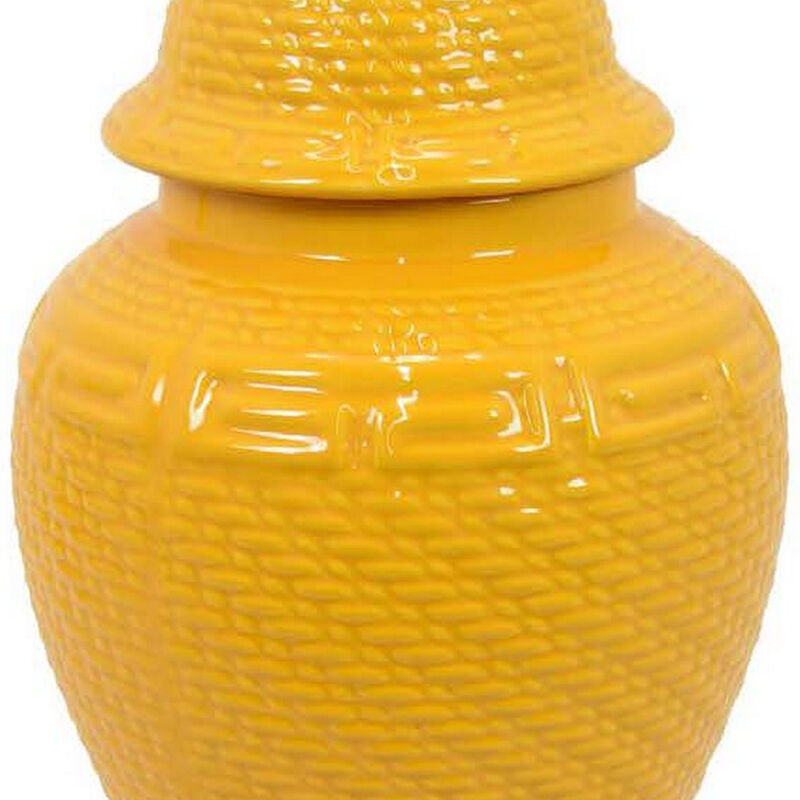 Bryan 18 Inch Ceramic Temple Jar, Geometric Print, Finial Top, Yellow - Benzara