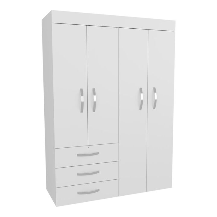 Hamilton Mobile Armoire, Double Door Cabinet, Three Drawers, Two Shelves, White