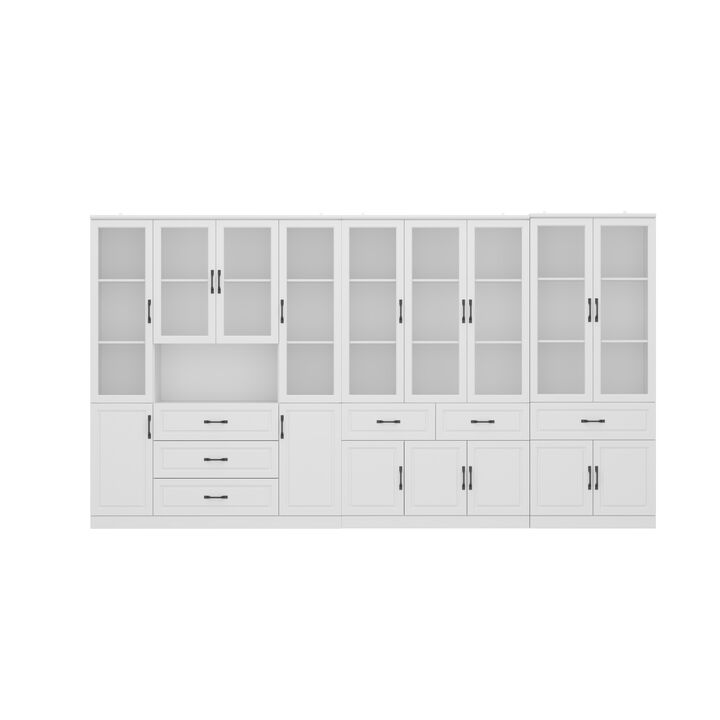 FUFU&GAGA 141.7" Modern Storage Cabinet with Glass Doors & Drawers, White MDF Wall Unit with 9 Glass Doors & 6 Drawers (141.7 in. W x 15.7 in. D x 78.7 in. H)
