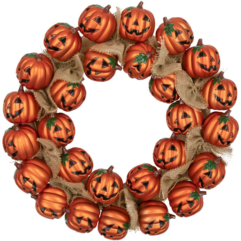 Jack-O-Lantern and Burlap Ribbon Halloween Wreath  20-Inch  Unlit image number 0