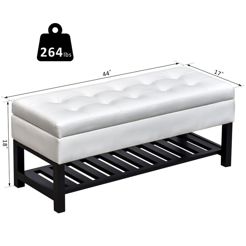 Versatile White Seat: 44" Tufted Faux Leather Ottoman with Shoe Storage