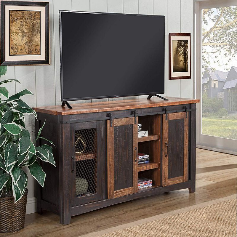 Dual Tone Wood and Metal TV Stand With 2 Mesh Style Doors, Antique Black and Brown-Benzara