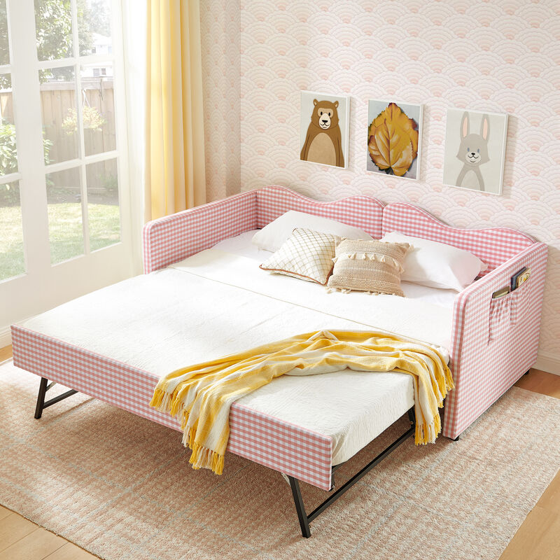 Merax Gingham Daybed with Trundle & Guardrails &ndash; Solid Wood Frame, Side Storage Pocket image number 3