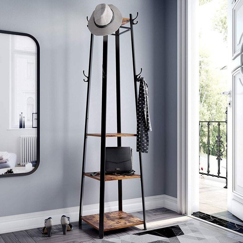 Industrial Coat Rack with 3 Shelves – Metal Frame and Wooden Shelves for Stylish Storage