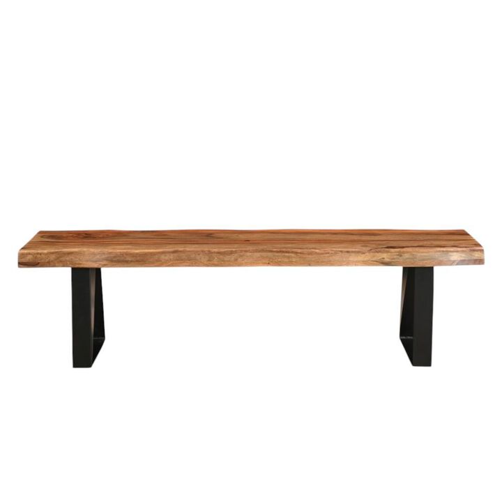 HomeRoots 68" Brown and Black Solid Wood And Metal Live Edge Dining Bench