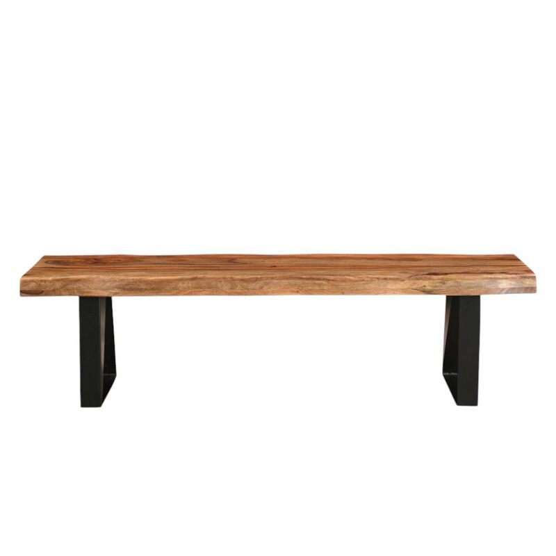 HomeRoots 68" Brown and Black Solid Wood And Metal Live Edge Dining Bench image number 0