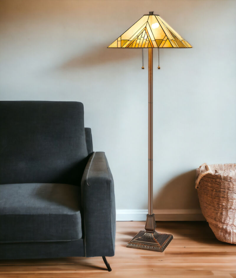 Hivvago 62" Brown Two Light Beige And Brown Geometric Stained Glass Floor Lamp