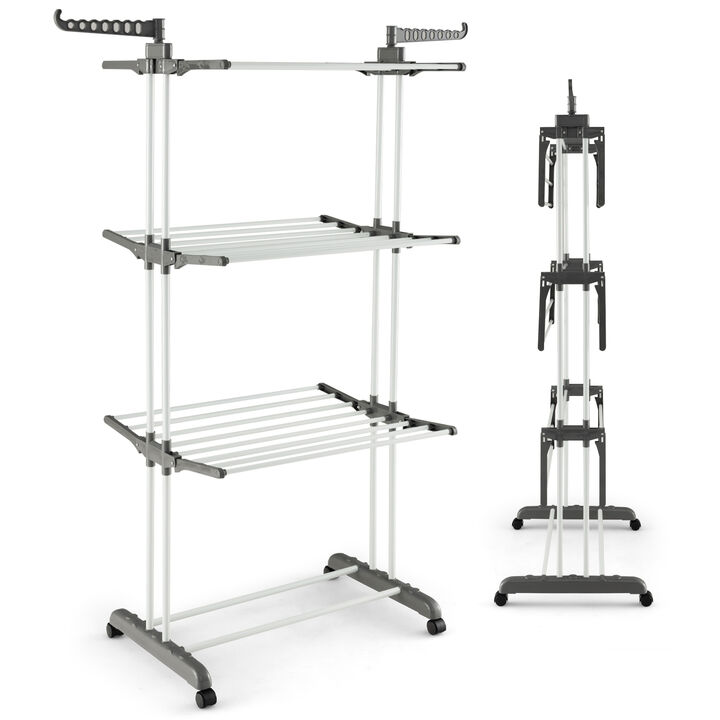 4-tier Clothes Drying Rack with Rotatable Side Wings and Collapsible Shelves-Gray