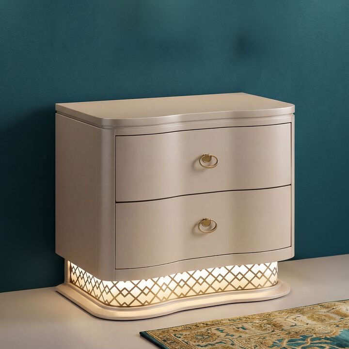 Flora LED Nightstand with 2 Drawers, Curved Design and Ring Pulls