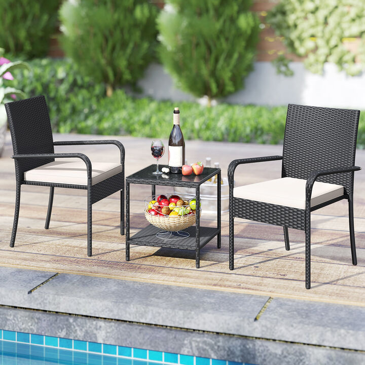 Outdoor 3 Piece Patio Furniture Set with Cushions and Tempered Glass Table