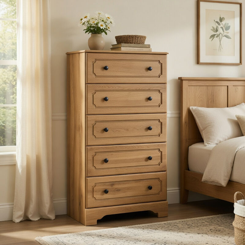 Alia Tall Dresser Chest, 5 Drawers, Nickel Knobs, Natural Oak Brown image number 1