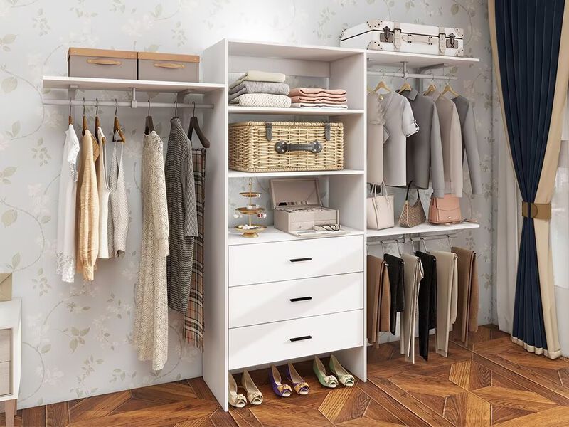 Wood Closet System with 3 Drawers White: Built-in Closet Organizer, Walk-in Closet with Hanging Rod and Shelves for Bedroom Closet Organizer System, 94.49" W x 15.75" D x 70.87" H
