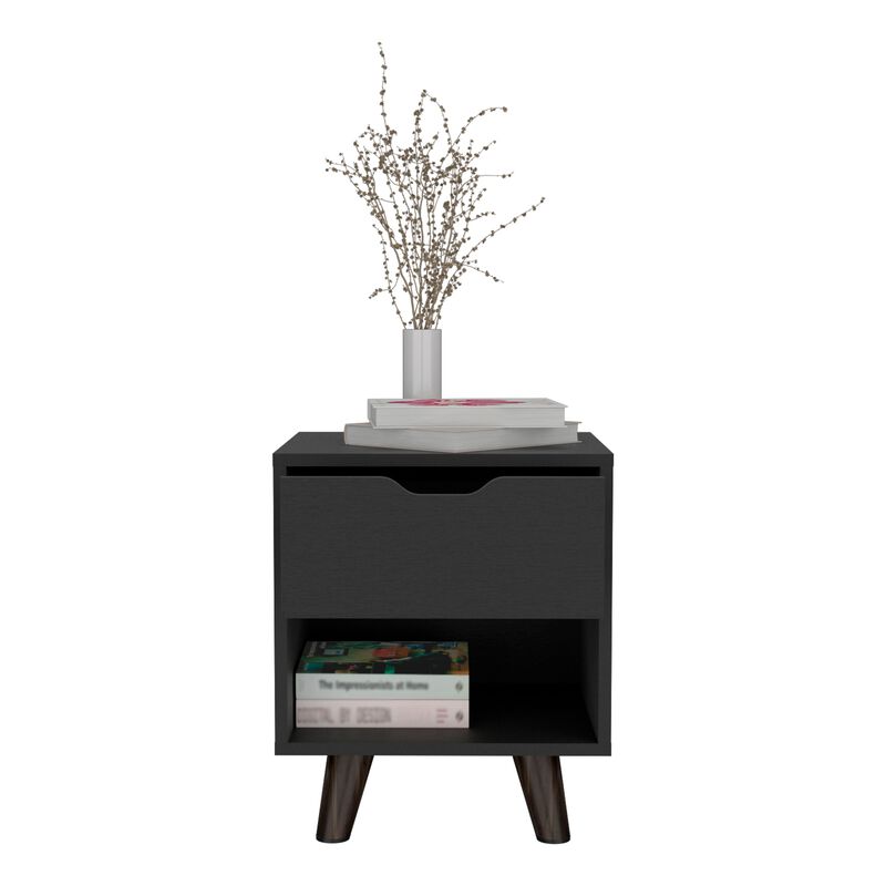 Crail Nightstand with 1 Open Storage Shelf, 1 Drawer and Wooden Legs- Black