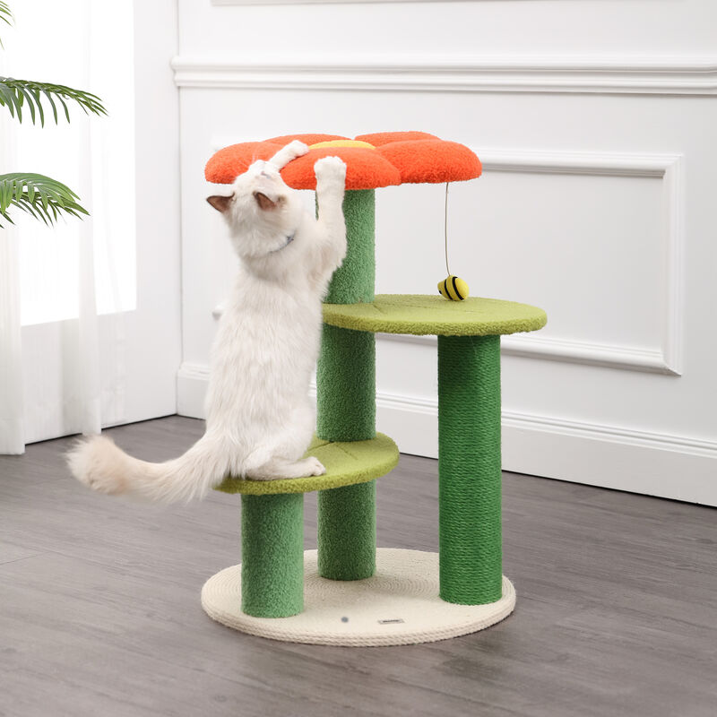 Poppy 3-Tier Modern Jute Flower Cat Tree with Dangling Toy
