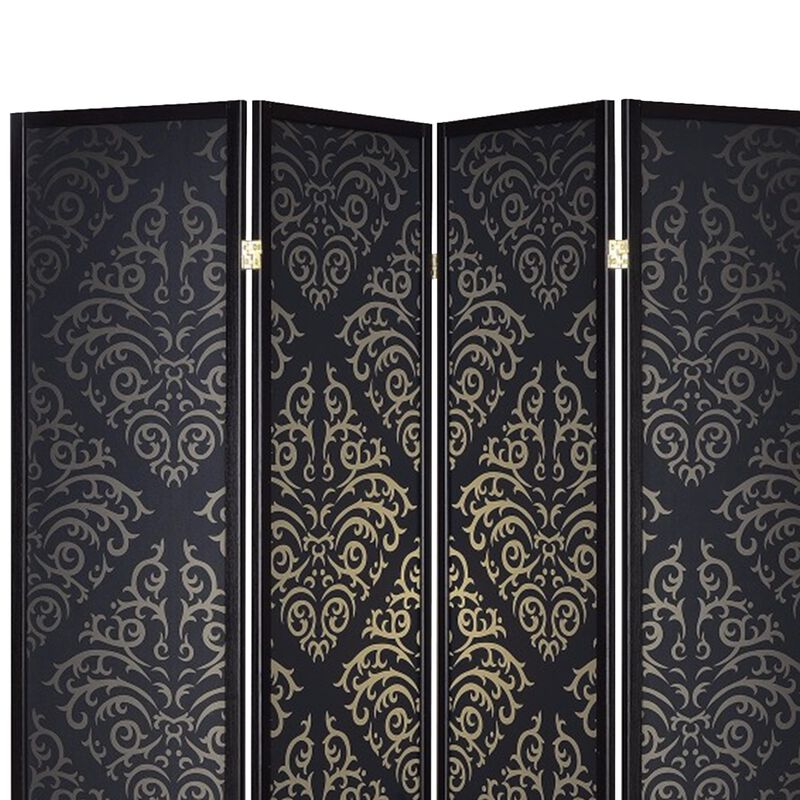 Captivating Four Panel Folding Screen With Damask Print, Black - Benzara
