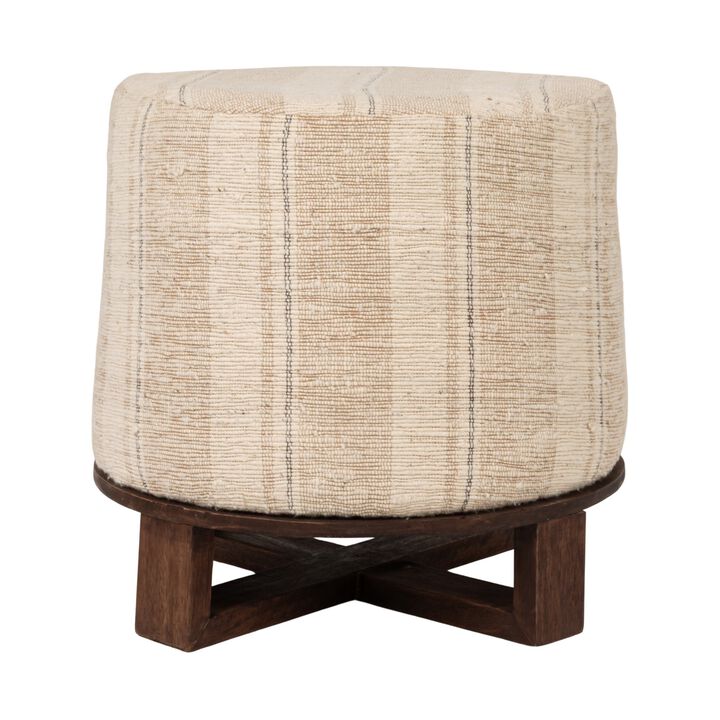 Cotton Woven Round Ottoman Stool in Striped Upholstery with Dark Wood Base