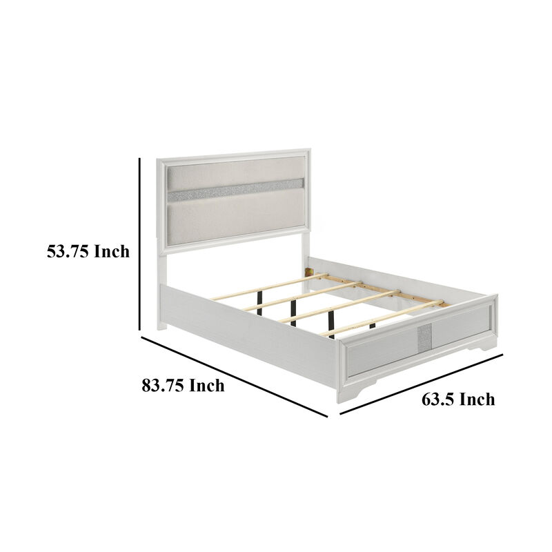 Vino Queen Size Bed, Panel Headboard White Upholstery, Glitter Stripe - Benzara