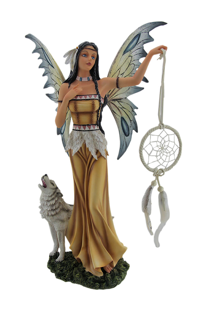 Una and Tala The Native American Dream Fairy and White Wolf Statue image number 0