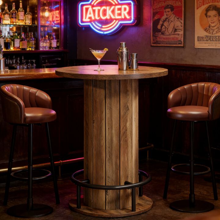 Wooden Bar Table with Brown Wood Grain Top and Rounded Base