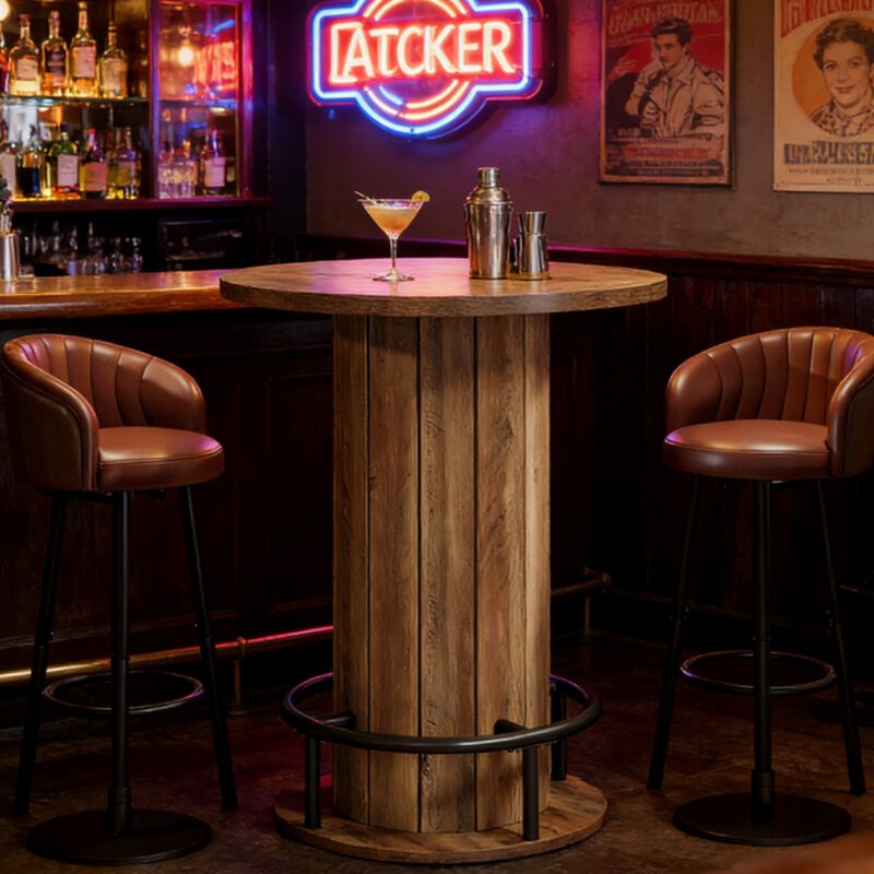 Wooden Bar Table with Brown Wood Grain Top and Rounded Base image number 1