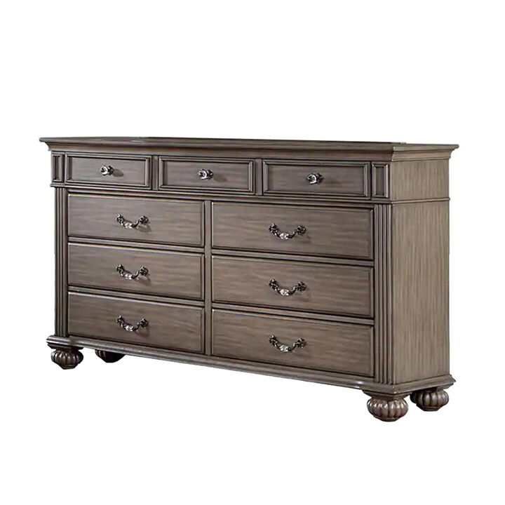 Recus Wide Dresser, 9 Drawers with Brass Handles, Gray Solid Wood
