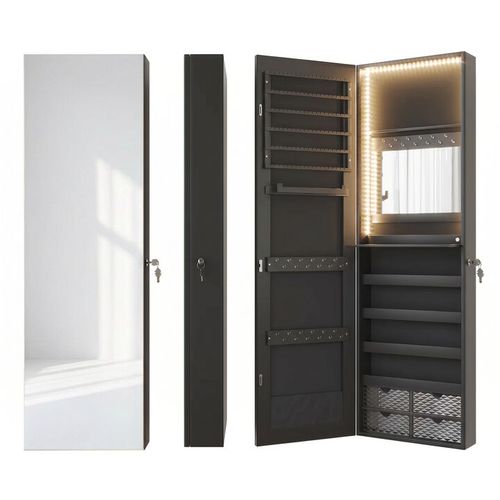 Wall Mounted Jewelry Cabinet with Full Length Mirror, LED Lights, Lockable Storage and Over The Door Design