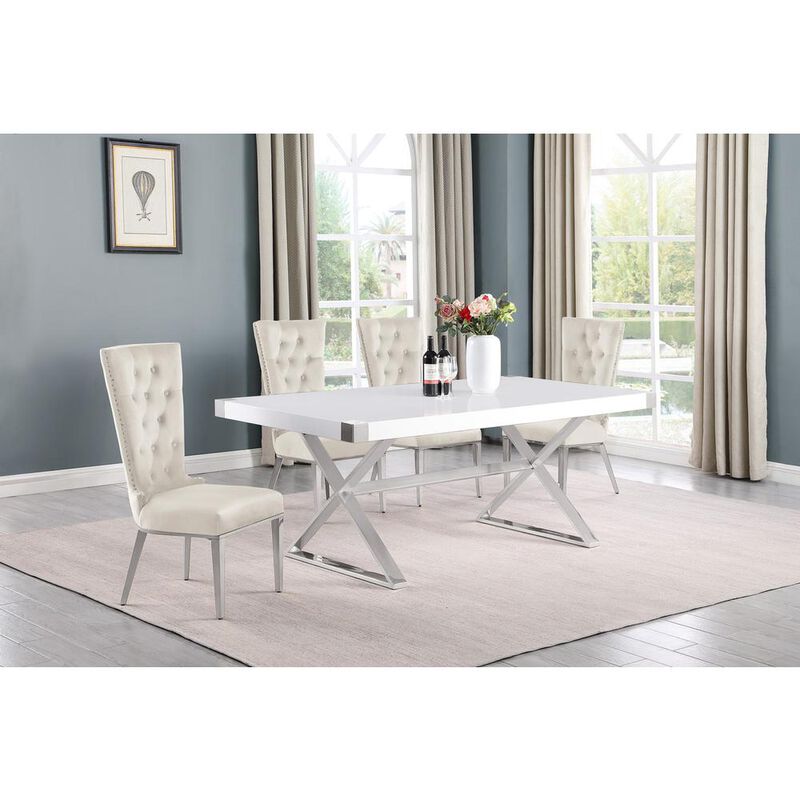 Best Quality Furniture 5pc Small(78) white wood top dining set with silver base and 4 chairs