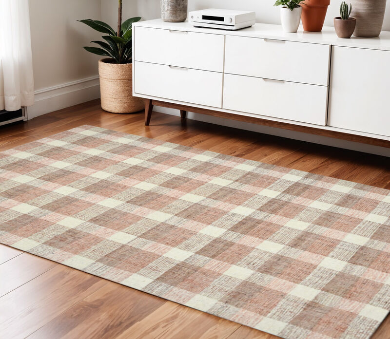 HomeRoots 4' X 6' Pink And Ivory Wool Plaid Hand Tufted Area Rug image number 1