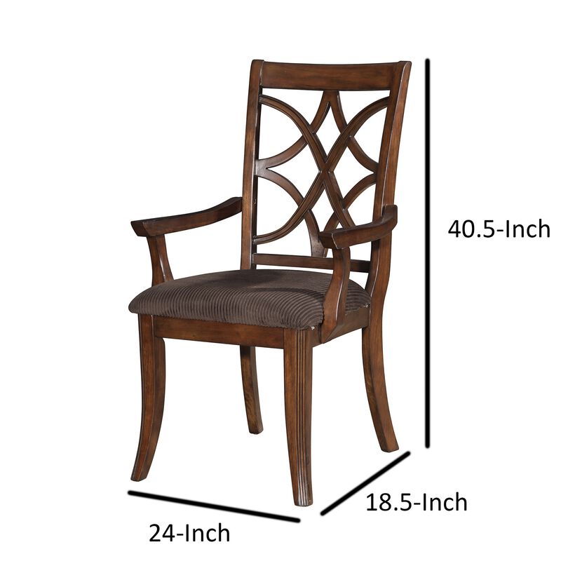 Wooden Arm Chair with Fabric Padded Seat and Lattice Design Backrest, Brown, Set of Two-Benzara