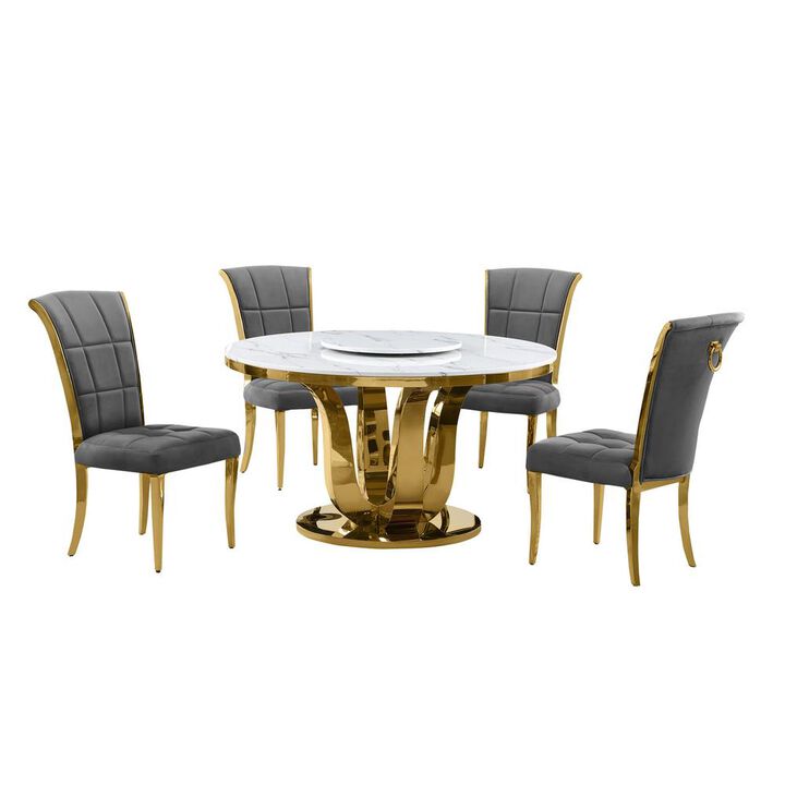 5pc White marble round dining set with gold base and 4 Dark Grey side chairs