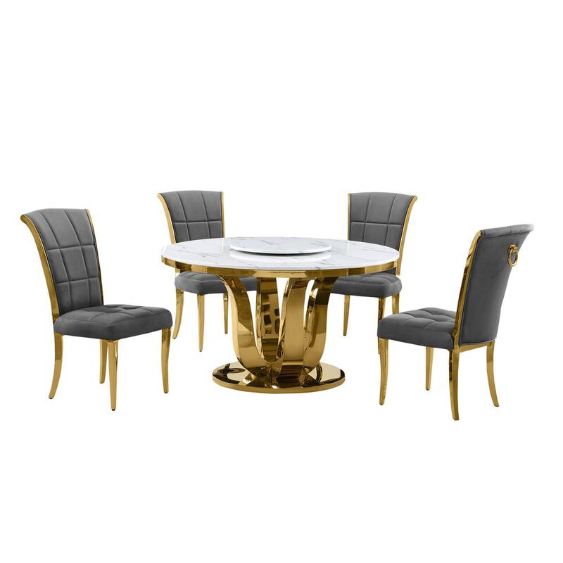 5pc White marble round dining set with gold base and 4 Dark Grey side chairs