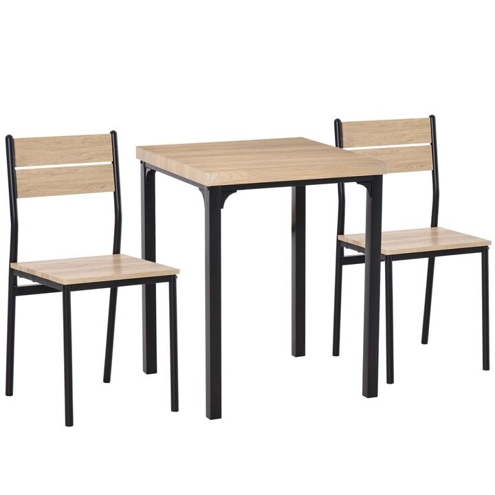 Modern 3 Piece Dining Set,  Dining Room Set with Wood Grain Veneered Surface, 2 Chairs, and Steel Frame, Small Dining Table for 2, Wood/Black
