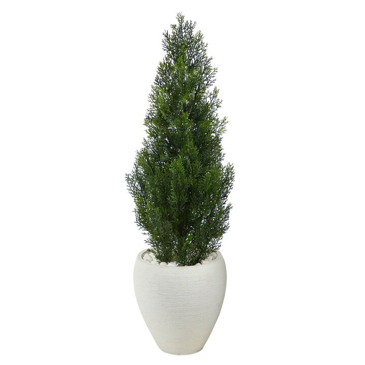 HomPlanti 3.5 Feet Mini Cedar Artificial Pine Tree in White Planter UV Resistant (Indoor/Outdoor)