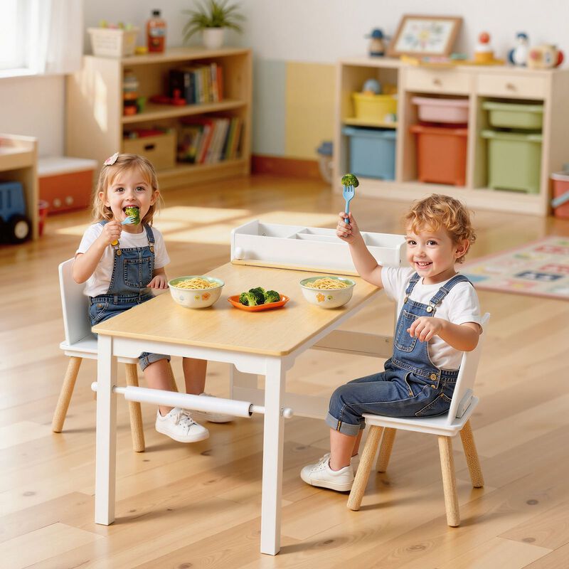 Kids Play Table with 2 Chairs and 3-Tier Storage for Art and Study Activities-White image number 1