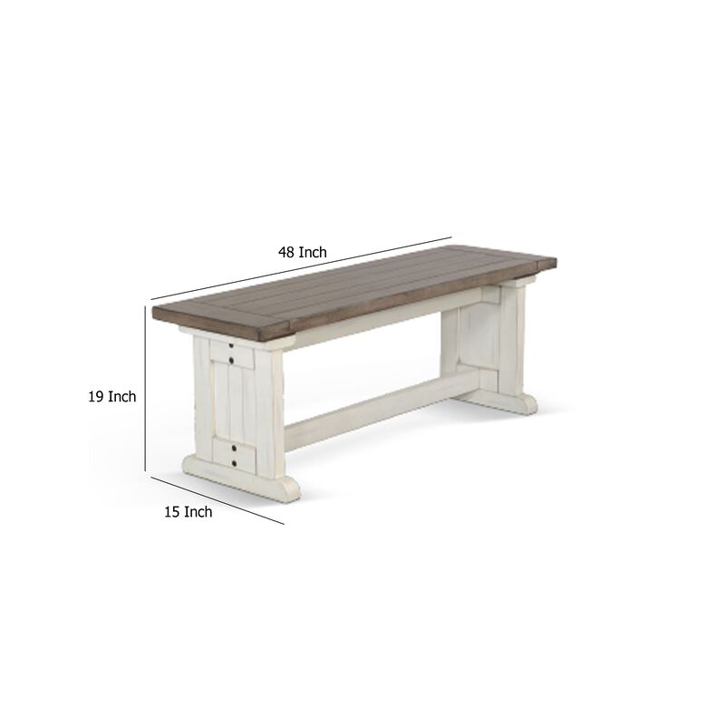 Dean Side Dining Bench, Plank Style Seat, Off White and Brown 48 Inch