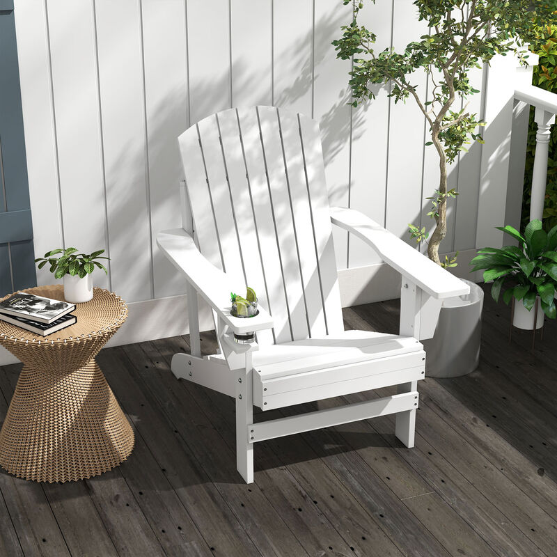 Outsunny Wooden Adirondack Chair, Outdoor Patio Lawn Chair with Cup Holder, Weather Resistant Lawn Furniture, Classic Lounge for Deck, Garden, Backyard, Fire Pit, White