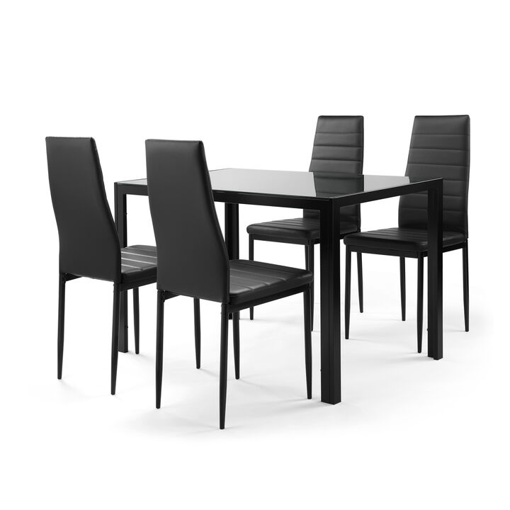 5 Pieces Dining Table Set for 4,Kitchen Room Tempered Glass Dining Table, 4 Faux Leather Chairs, Black