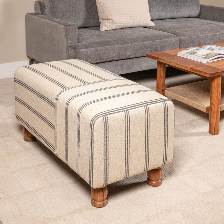 Rectangular Cotton Ticking Stripe and Acacia Wood Ottoman Bench