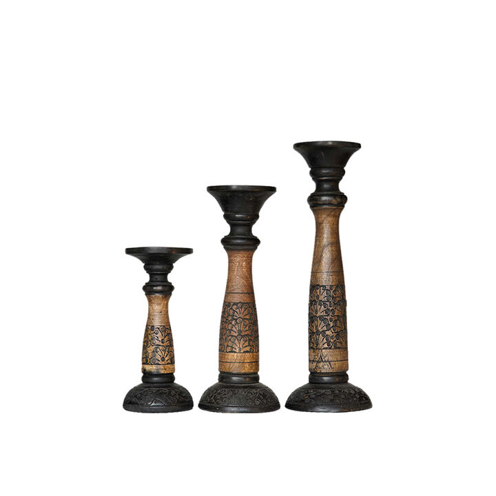 Traditional Black Wash Eco-friendly Handmade Mango Wood Set Of Three 9",12" & 15" Pillar Candle Holder