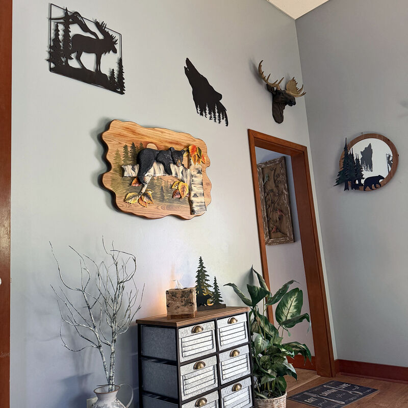 Bear Cub in Birch Forest Wood Wall Sculpture 24x34.5 Glossy Brown Indoor Decor image number 9