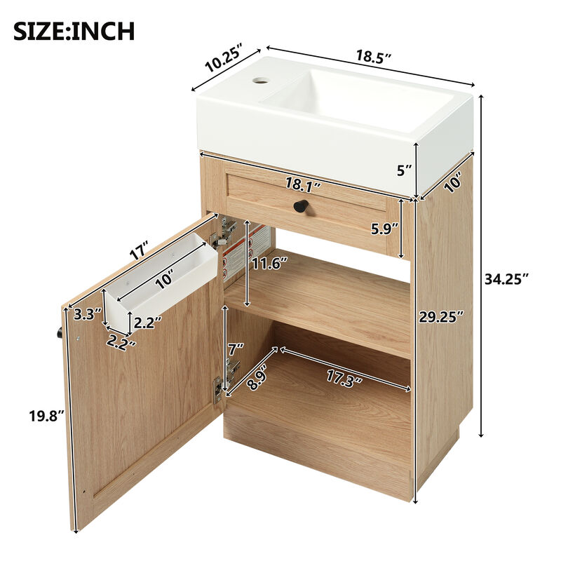 Whisen 18.5" Bathroom Vanity with Reversible Resin Sink, MDF Cabinet with Adjustable Shelf and Elegant Zinc Alloy Handles