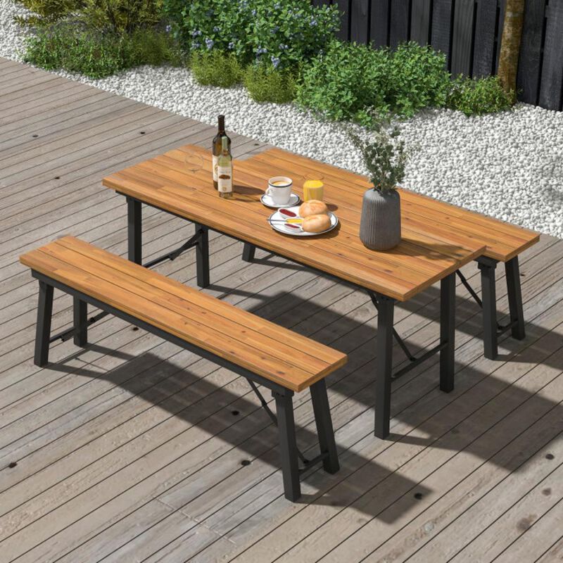 Hivvago Outdoor Dining Table and Bench Set with Acacia Wood Top for Yard Garden Poolside