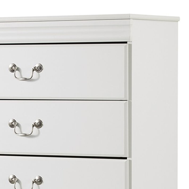 Roso Tall Dresser Chest, Classic White, 5 Drawers Pewter Metal Handles